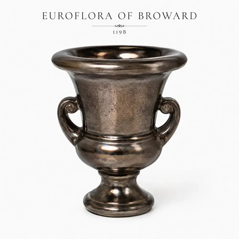 Vintage Euroflora Broward Metallic Gunmetal Urn Vase Postmodern Trophy Decor